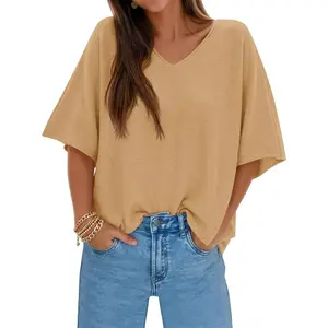Saodimallsu Womens Oversized Summer Sweater Half Sleeve Batwing V Neck Dolman Sleeve Trendy Casual Knit Tops