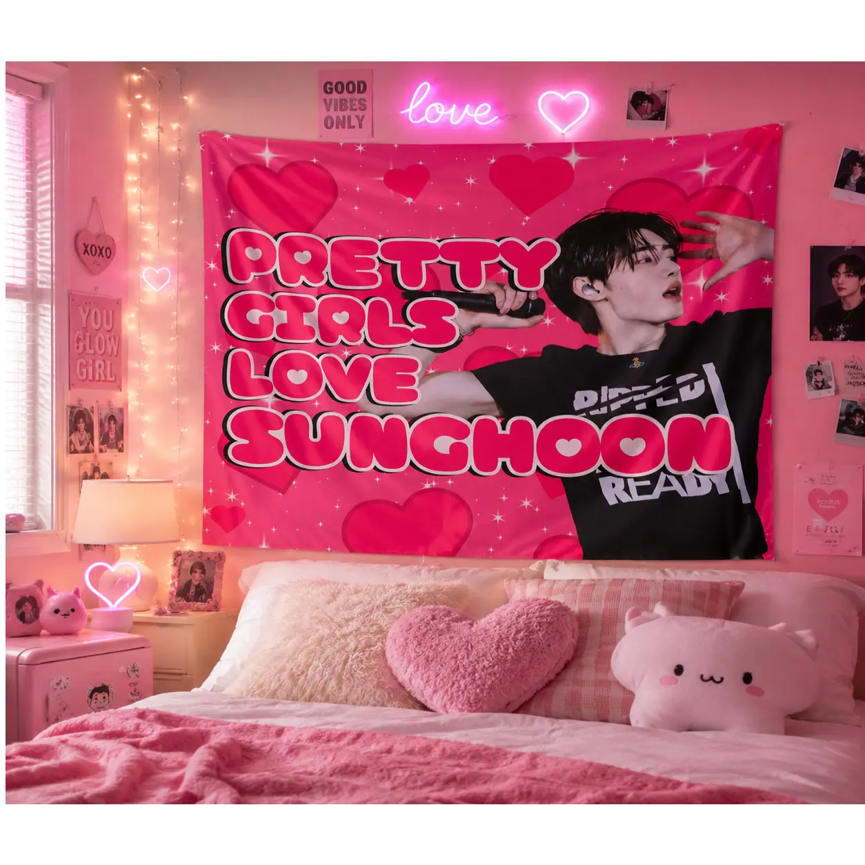 1pc 2D Printed Holy Black T-Shirt Kpop Banner Tapestry Pretty Love Sunghoon Ready Text Pink Heart Background Horizontal Kpop Concert Decoration Suitable for Home Dormitory Fan Activities Kpop Merchandise Fan Activity