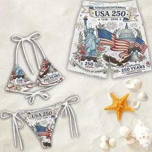 [HOT SUMMER] America 250 Matching Swimwear, USA Semiquincentennial Statue of Liberty Swim Trunks & Bikini Set, 4th of July Couple Gift