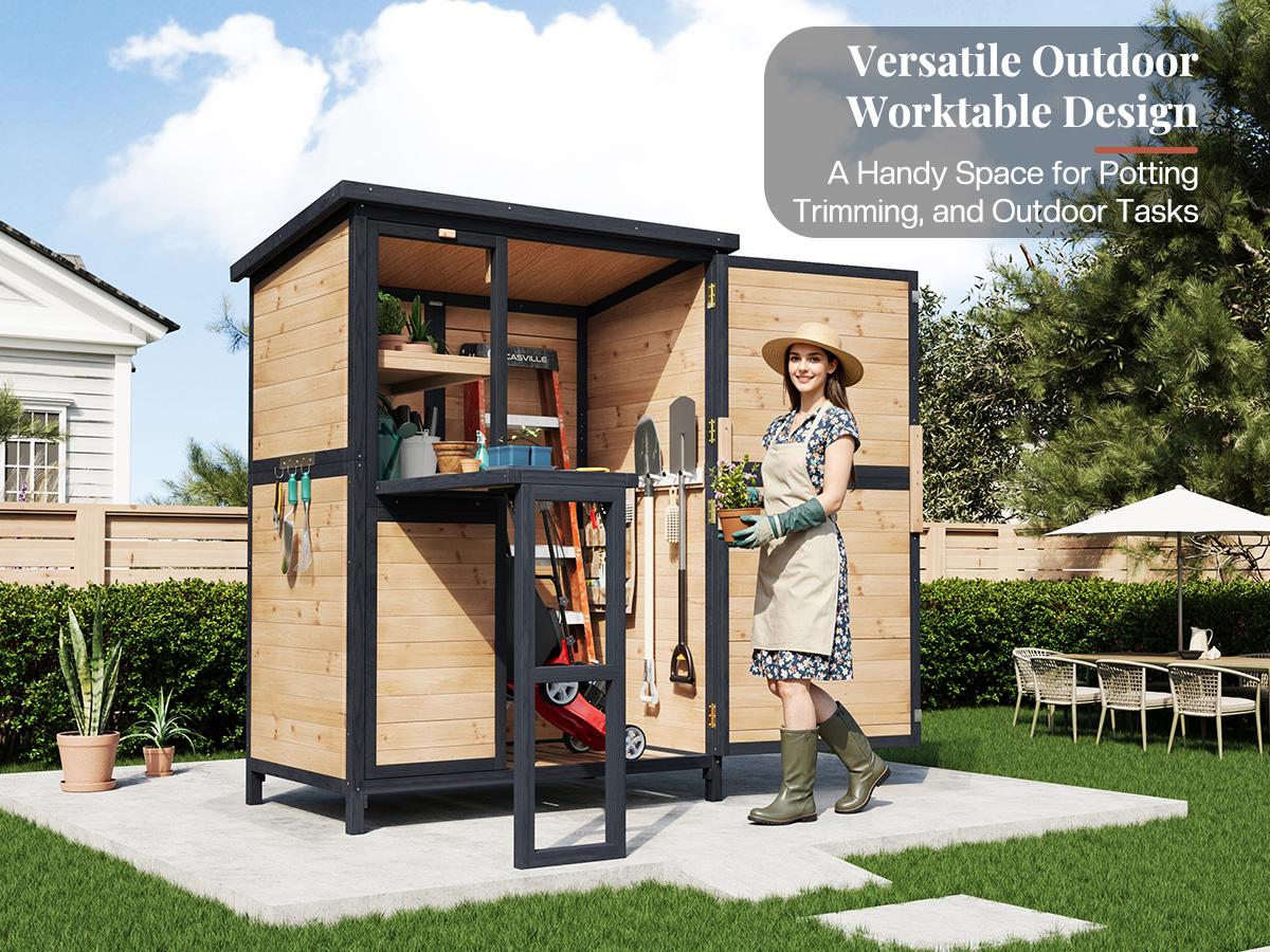 AMERLIFE Solid Fir Wood Outdoor Storage Shed, Garden Tool Shed with Foldable Workbench, Adjustable Shelves, Sloping Roof, Weatherproof Utility Cabinet for Backyard, Patio, Lawn, Poolside