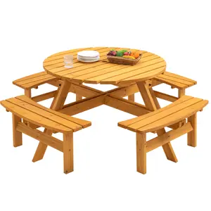 Outdoor Circular Wooden Picnic Table, Camping Dining Table w/Built-in Benches, Outside Table Set with Umbrella Hole for Garden Patio Backyard