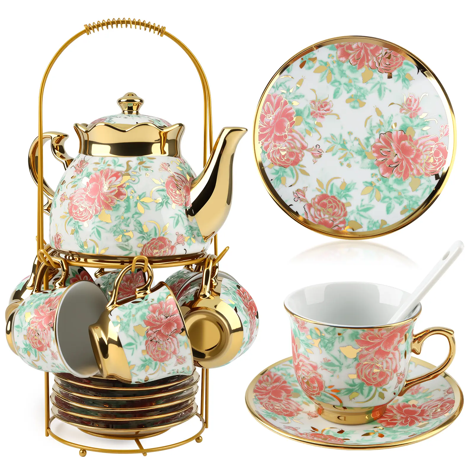 20Pcs Porcelain Tea Set for Adults, European Ceramic Tea Set Flower Ceramic Tea Cups (3oz), Teapot (15oz), & Saucers with Metal Holder for Women Tea Party