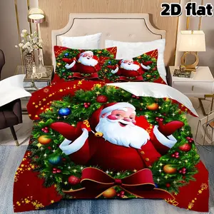 2D Flat 3Pcs Christmas Santa Claus Bedding Festive Holiday Duvet Cover with Pillowcases Xmas Tree Wreath Pattern Soft Microfiber Bed Linen Winter Home Decor Red Green Bedclothes for Bedroom Guest Room Seasonal Gift Decorative Bedding Set