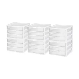 Sterilite Clear Plastic Stackable Small 3 Drawer Storage System, White, (6 Pack)