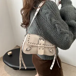Women's Y2K Leopard Print Leather Baguette Bag - Studded Rivet, Adjustable Cute Shoulder Crossbody Handbag, Vintage Spice Girl Style Underarm Bag for Party, Everyday Use
