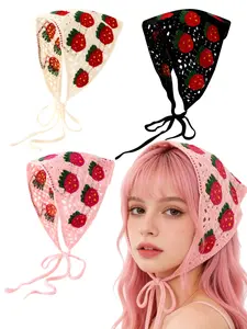 Triangle Headscarf Cap, Dopamine Style Strawberry Pattern, Lace Up Turban Hat, Cute Cartoon Design, Daily Wear for Women All Ages