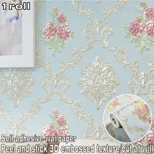 1 roll of European-style floral pattern self-adhesive wallpaper, featuring 3D embossed texture for feature walls. Easy to apply and trim, suitable for wall decoration in bedrooms, living rooms, dining areas and more.