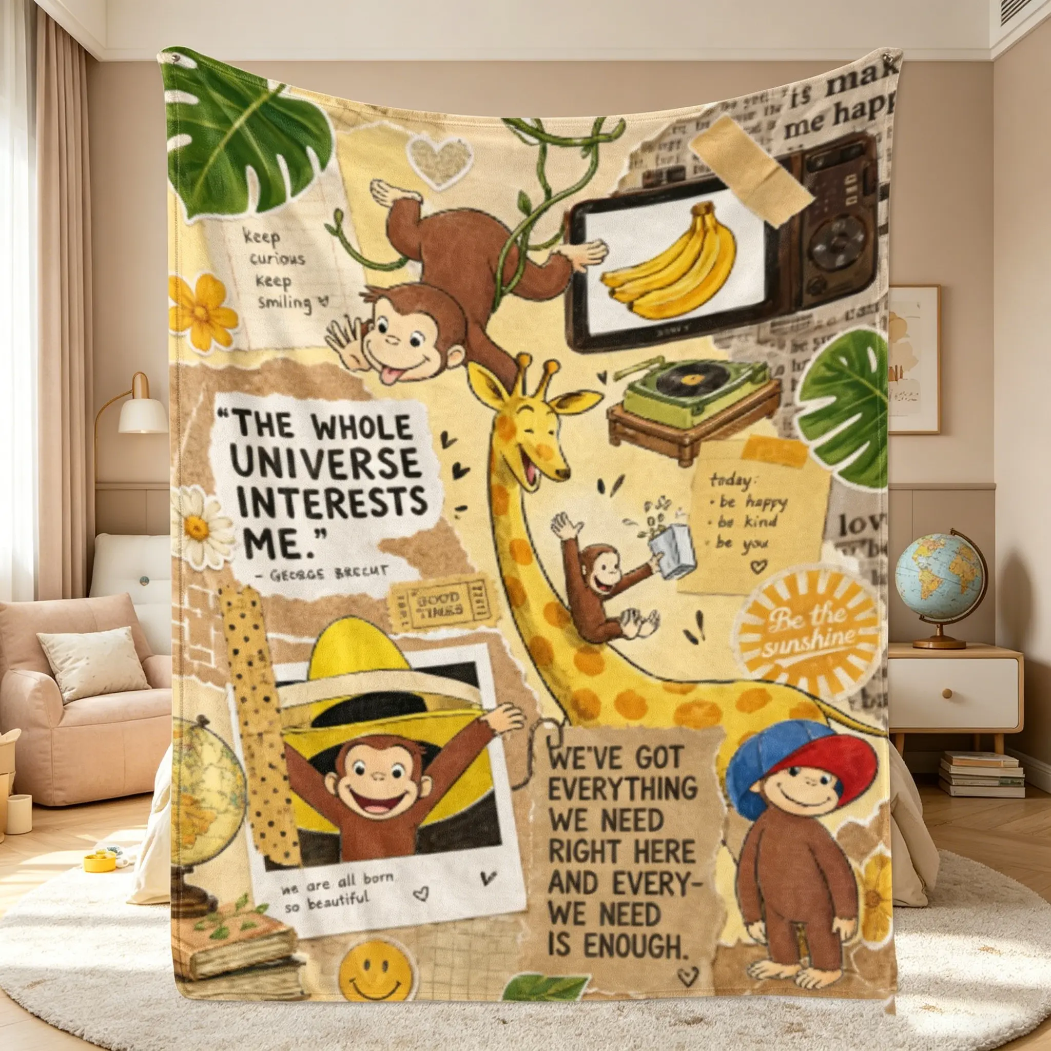Curious George Monkey Banana Theme Flannel Printed Blanket, Large Size, Soft Lightweight Warm, Perfect for Bed Sofa Office Camping Travel, Warm Nap Blanket
