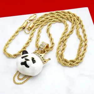 GOLD SILVER PLATED ICED KING CROWN LUCKY PANDA PENDANT & 24" ROPE CHAIN HIP HOP NECKLACE JEWELRY