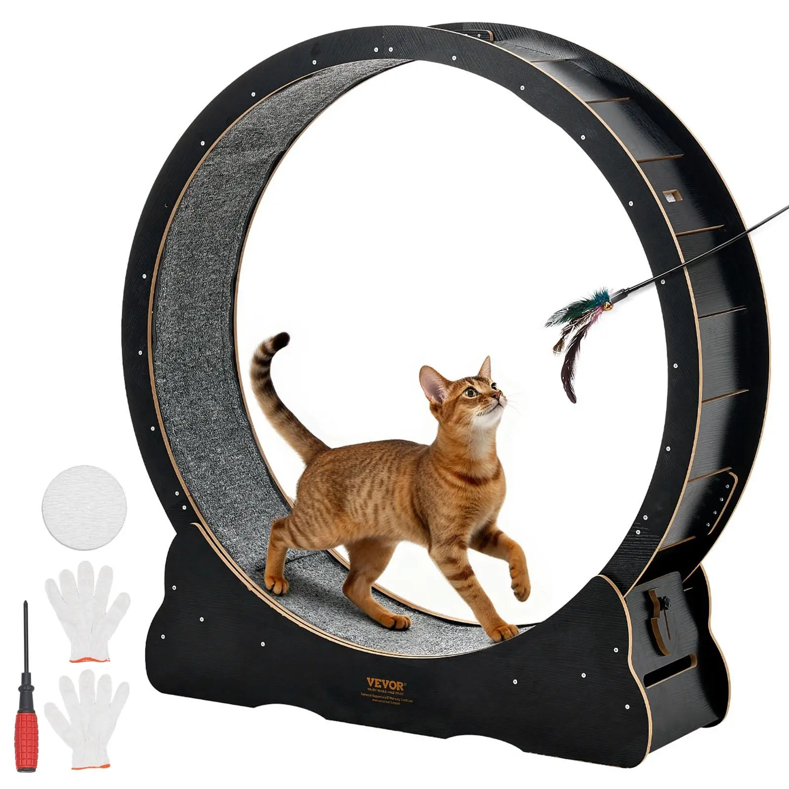 【SummerFinds】VEVOR Cat Exercise Wheel, 48 in Wooden Cat Running Wheel for Indoor Cats up to 28 lbs, Cats Treadmill with Carpeted Runway & Locking Mechanism, Quiet Kitten Sport Toys for Pets Fitness & Health, Black