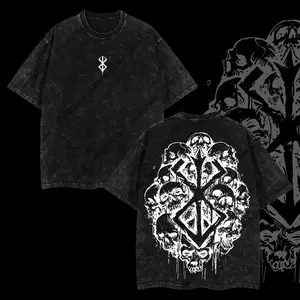 Retro Washed Berserk "Brand of Sacrifice" Skull Graphic T-Shirt Unisex Casual Streetwear Dark Anime Tee for Men Women, Oversized Short Sleeve Crew Neck Top for Outdoor & Daily Wear