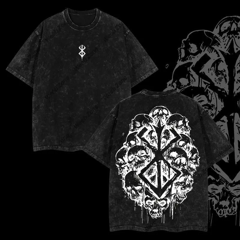 Unisex Retro Washed Pure Cotton Berserk "Brand of Sacrifice" Skull Print Oversized T-Shirt - Men's Casual Shortleeve, Soft Antibacterial Round Neck, Breathable Distressed Natural Fabric, Machine-Safe Streetwear for Daily & Outdoor Wear, Vintage Wash Top