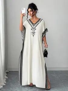 Plus Size Embroidered V Neck Long Dress, Casual Bohemian Style, Split Thigh Slimming, Daily Wear, Vacation Mood, Ootd Inspiration