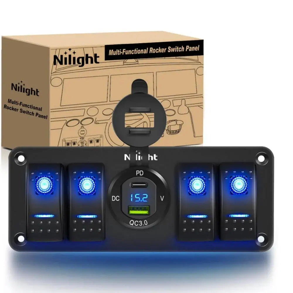 Nilight 4-Gang 5-Pin Blue ON/OFF Aluminum Rocker Switch Panel for Cars, Trucks, Trailer - 12V-24V DC, Insulated Copper Wire, PD Type-C & QC 3.0 Dual USB Ports, Voltmeter, ABS Plastic Build