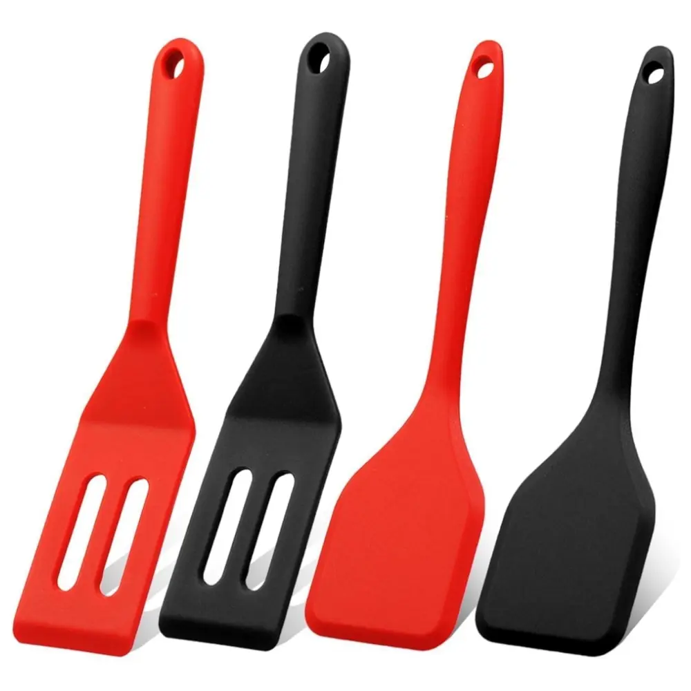 Mini Silicone Spatula Set, 4 Pcs Sturdy & Heat Res. Non-Stick Utensils with Carbon Steel Core, Compact Flat Blade Turners for Egg Prep, Black/Red, Eggs