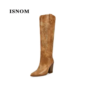 ISNOM Women's Cowgirl Boots Pull On Knee High Boots, Cowboy Western Embroidered Chunky Block Heel Pointed Toes Boots