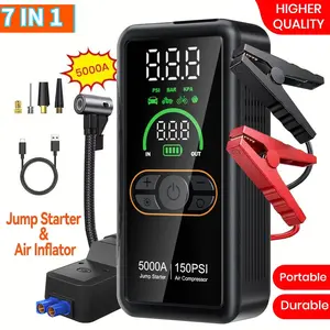 Jump starter, tire inflator, car emergency kit, portable jump box, 5000A peak current, 150 PSI air compressor, roadside survival kit, dead battery rescue, multifunction car power bank, LED SOS flashlight