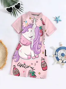 Girls Unicorn Print One-Piece Swimsuit, Cute Fashion Summer Beachwear, Zipper Swimwear, Casual Short Sleeve All Season