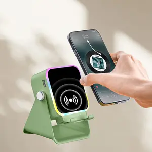 【Father's Day Gift】5-in-1 Audio Smartphone Holder, Wireless Bluetooth Speaker Stand with Induction Charging, 5000 mAh Rechargeable Emergency Power Bank, 360° Adjustable Mobile Tablet Stand with Colorful Ambient Lighting (Black)