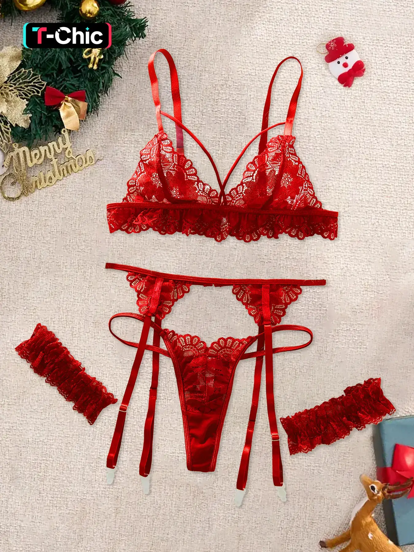 Christmas Midnight Floral Sheer Lace Lingerie Set, Adjustable Bra, Thigh Straps & Garters, Comfortable Women's Underwear, Body Envy Sets, Perfect Gift, Elegant, Lace Bralette Set