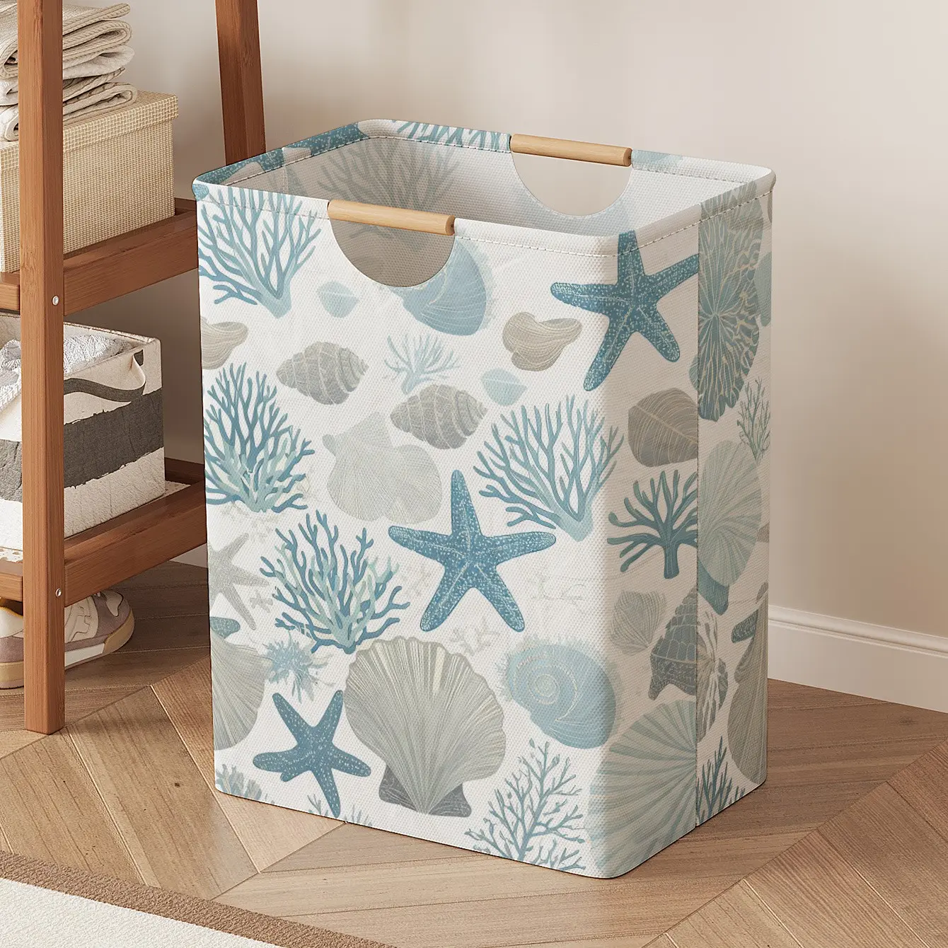 Underwater Coral Starfish Print Open Storage Box, Foldable Fabric Laundry Basket with Handle, Home Bathroom Collapsible Clothes Organizer