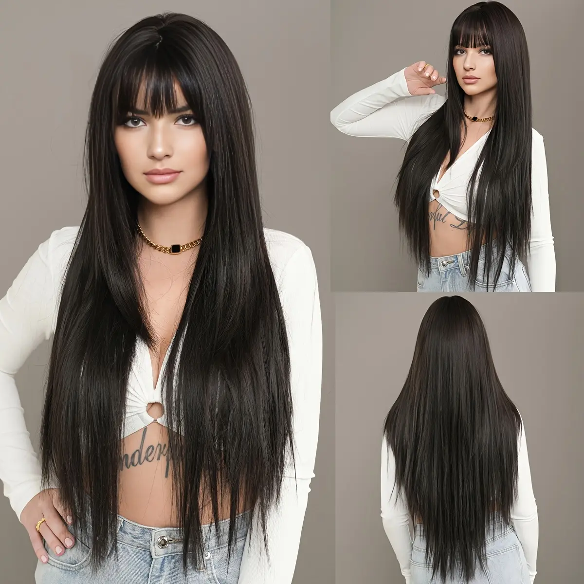 Long Straight Black Wig with Bangs High Layered 150% Density Black Wigs for Women Daily Party Use Synthetic Fiber Wig Heat Resistant 34 Inches