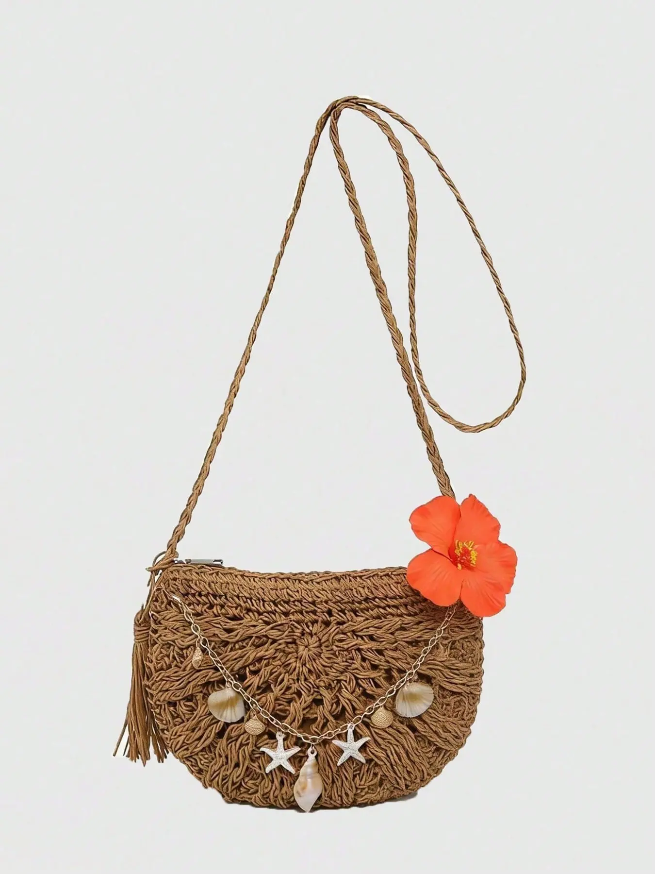 Vacation style straw woven shoulder bag, fan-shaped hollow design, shell and starfish hanging chain+tassel decoration, orange flower embellishment, simple casual retro crossbody bag, Crossbody Shoulder Purse, Crossbody Fashion Bag