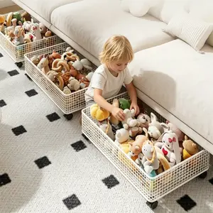 Storage Basket Under-Sofa Wheeled Storage Basket Low-Key Hidden Metal Wire Frame Storage Box Large Capacity Easy to Access Suitable for Children's Toys, Books, and Household Items Suitable for Placement Under the Sofa, Bed, and Low Furniture Black|White