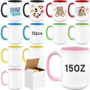 12 Pack Sublimation Mugs Blank,15oz Tazas Para Sublimacion,DIY Coated Ceramic Coffee Mug for Milk  Latte Hot Cocoa,Porcelain Sublimacion Cups with Box,Assorted Colors