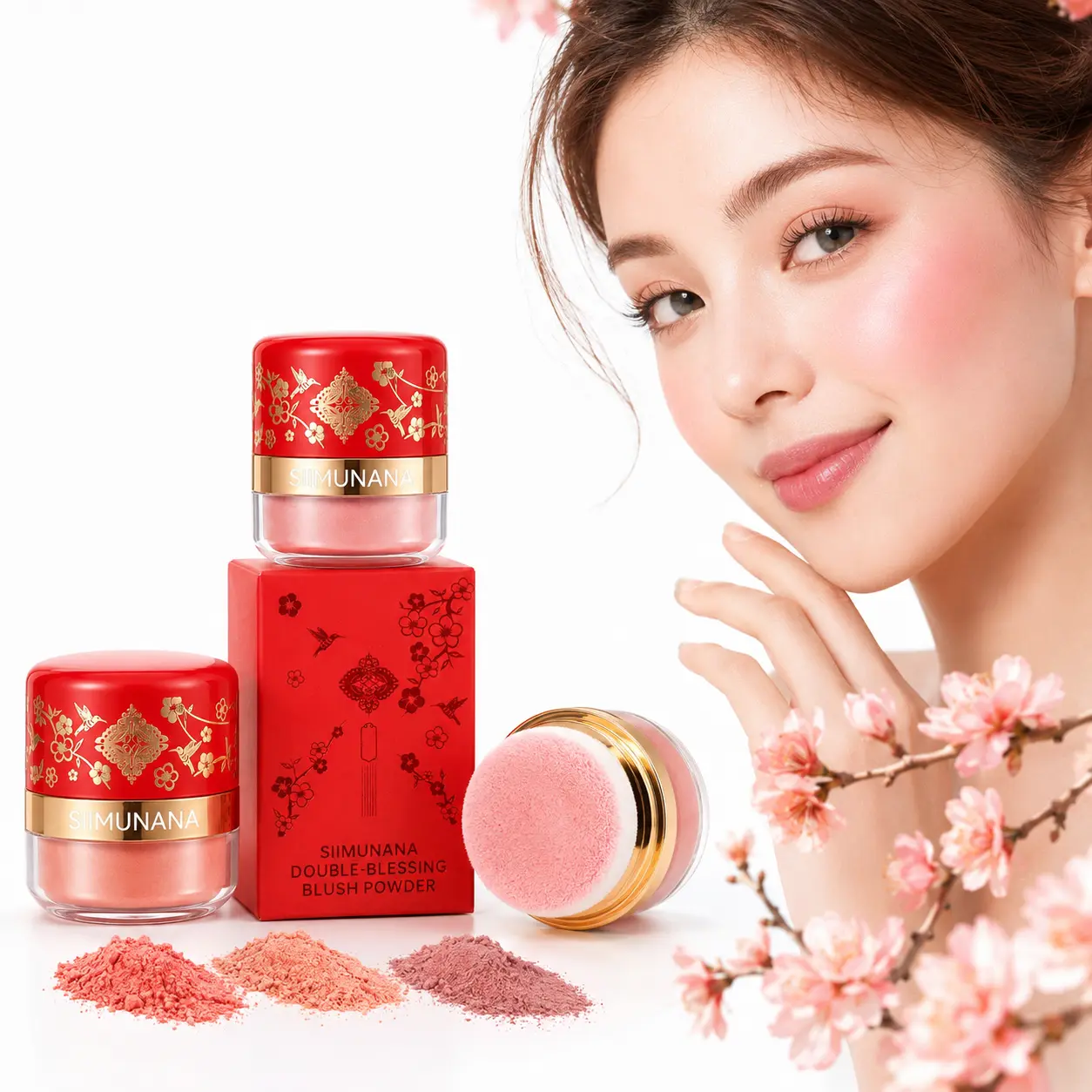 Portable 3 Color Blush  with Mirror, Natural Look Long Lasting Blush Palette for Daily Commute Date, Lightweight Travel Makeup for All Skin Tones, Beauty Gift Brush Floral Peach Vintage Cosmetic, Vanity, Stamp, Beauty Products