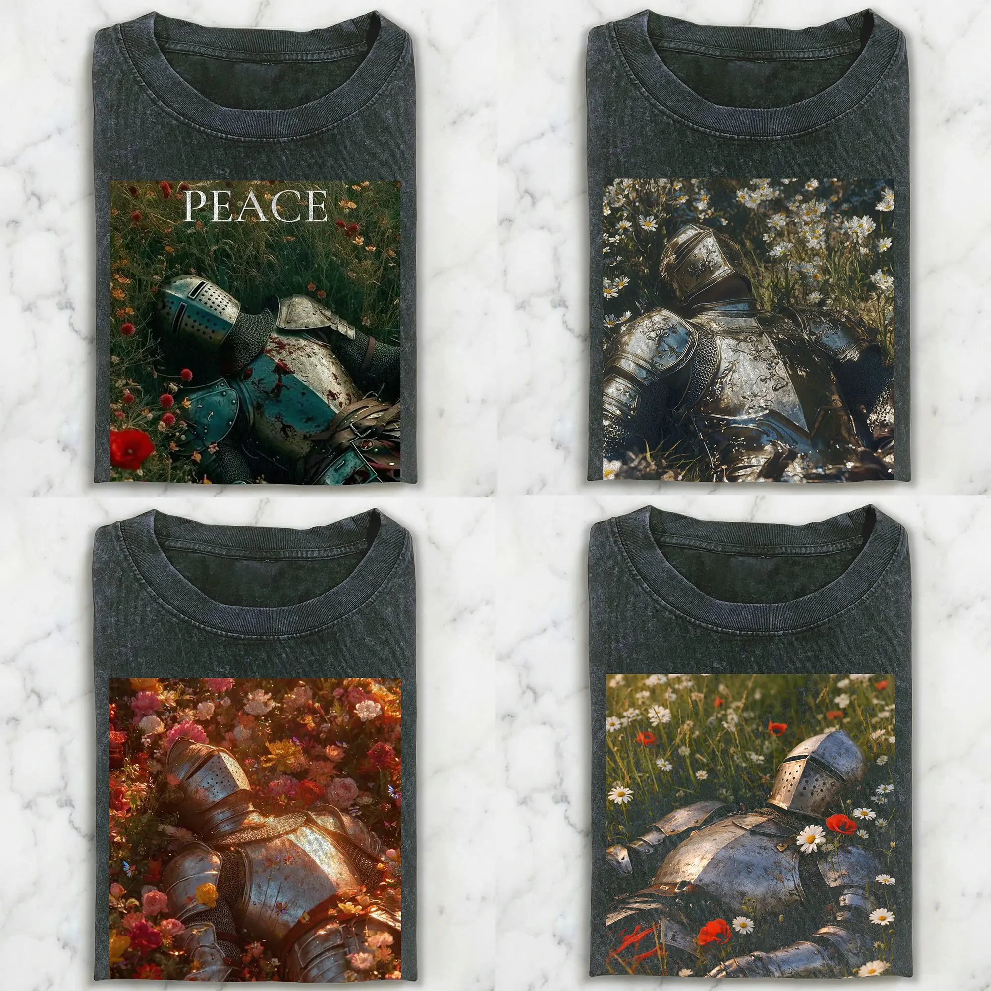 Medieval Tired Knight T-Shirt, Resting Knight In Flowers Graphic Tee, Fantasy Armor Art Top, Peace Resting Knight Goth Apparel, Aesthetic Dark Academia Shirt, Renaissance Inspired Graphic Tee