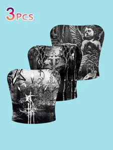 3-Pack Gothic Cross Print Tube Top, Angel Statue Slim Fit Vest, Halloween Party Stage Wear, Casual All-Over Print Clothing