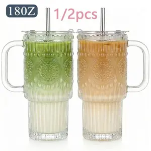Bandesun Thick Romantic Glass Cups with Lids and Straws, Vintage Leak Proof Retro Glass Tumblers with Handle–18 oz Reusable Iced Coffee Cups with Lids 1/2 Pack, Drinkware