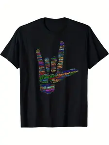Soft Short Sleeve Outdoor Clothes ASL Sign, I Love You in 40 Different Languages, ASL T-Shirt Minimalist Black Tee Unisex, Plus Size Same style for men and women  summer short-sleeved printed T-shirt pure cotton 220G, Unisex Clothing, Casual Wear