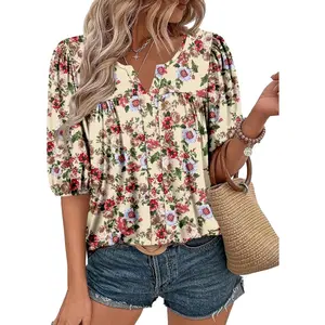 Womens Puff Half Sleeve Summer Tunic Tops Casual Chest Pleated Shirts Work Blouse for Women Dressy