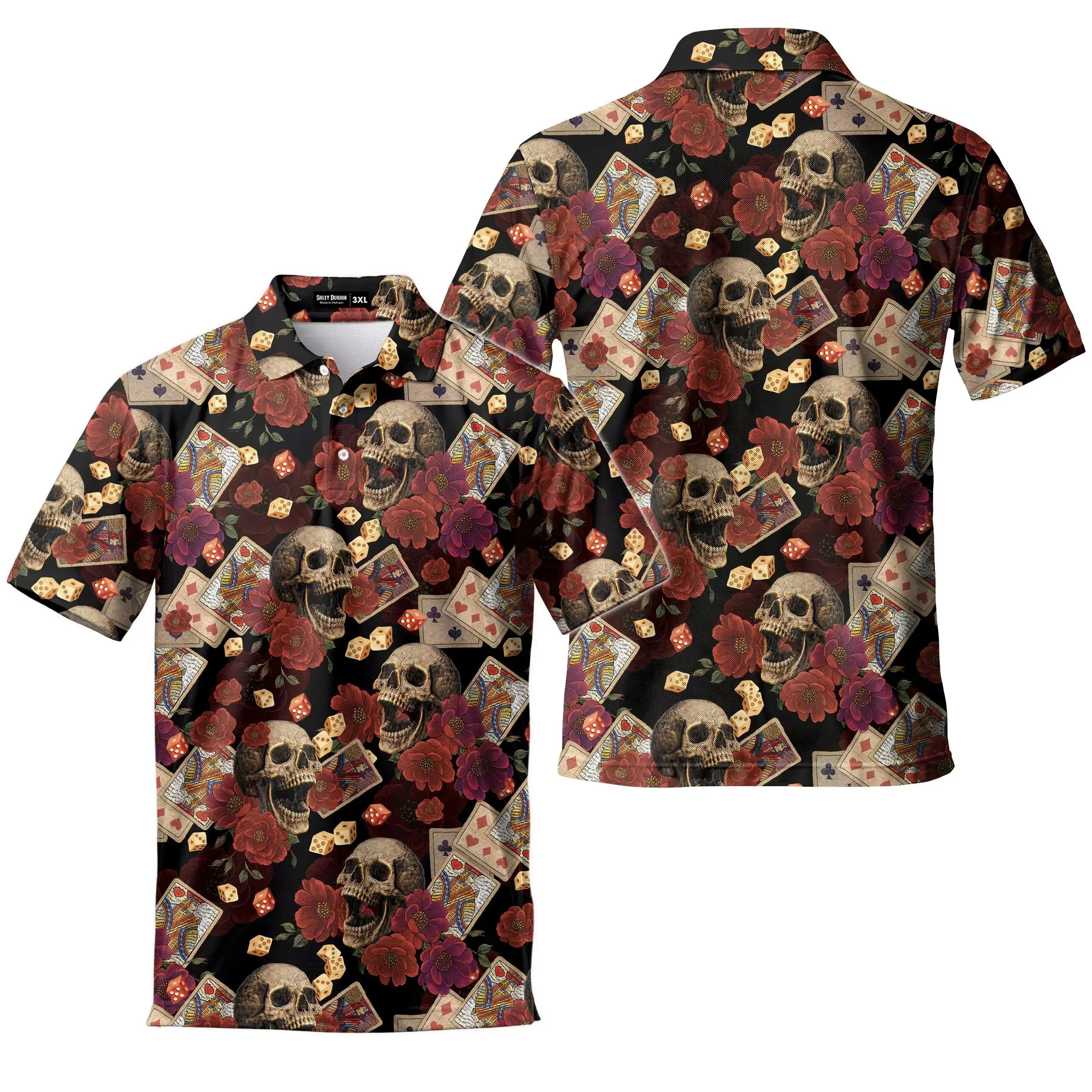 Skull Poker Card Floral Hawaiian Polo Shirt Men Gothic Print Short Sleeve Casual Summer Shirt