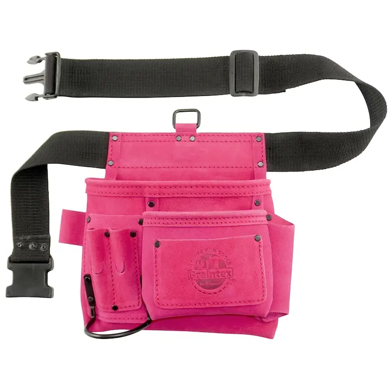 Pink Tool Pouch w/Belt in Suede Leather with 5 Pockets, Hammer Holder