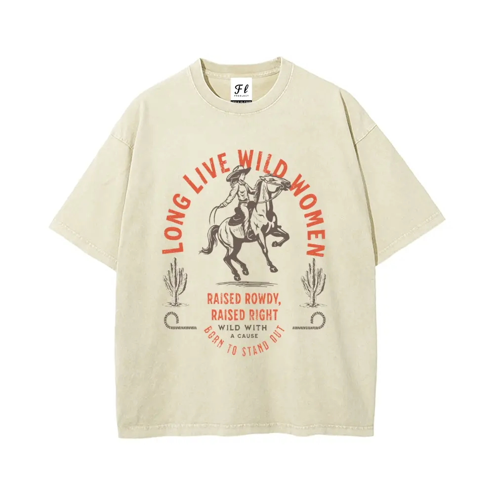 Vintage Washed Graphic T-Shirt, Unisex Retro Western Cotton Top with "Long Live Wild Women" Print, Loose Baggy Fit, Short-Sleeve