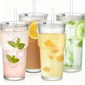 Set of 13.53/20.29 Ounce Vertical Striped Glass Coffee Mugs with Straws and Lids, Ideal for Iced Americano and Latte Drinks, Drinkware
