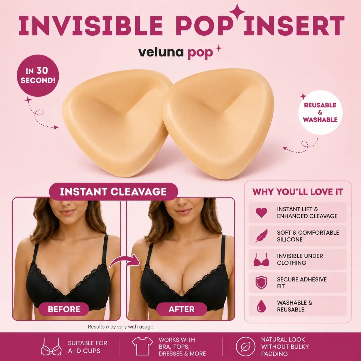 Push-Up Bra Inserts, Invisible Sticky Pads for Backless Dresses, Bikinis and Low-Cut Tops, Up to 2 Cup Sizes Lift, Reusable, Sizes A to D by Veluna Pop