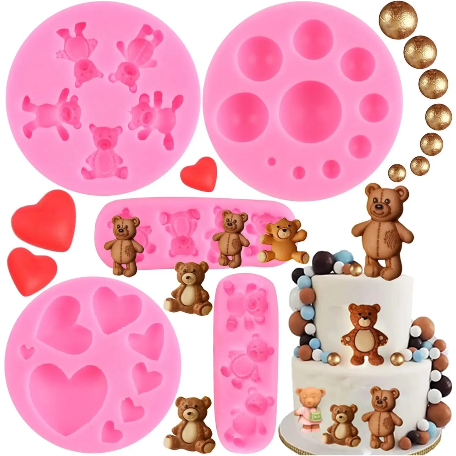 5-Piece Heat Resistant Non-Toxic Bear Semicircular Fondant Mold Set, Style A, for Cupcake Toppers, Birthday Cake Decoration, Gum Paste & Polymer Clay Crafts