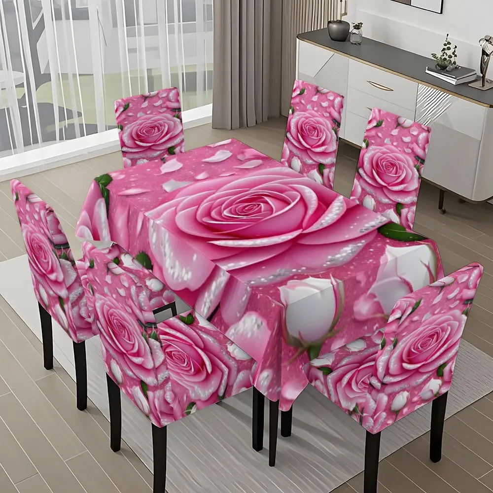 5/7-piece 2D Flat Printing Pink and White Roses with Dewdrops Printing Pattern Tablecloth and Chair Cover Set, Tablecloth Chair Covers, for dining table and chair decoration, perfect for home, holiday gatherings, restaurants, and parties.