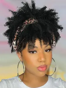 Stylish Afro Wig Heat Resistant 6-Inch Afro Kinky Curly Wig with Colorful Headband, 100% Human Hair, Short Kinky Curly, Headband Wig for Women Afro Curly Wigs