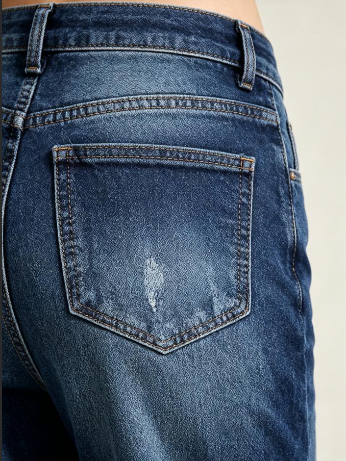 High Waisted Dark Wash Wide Leg Jeans for Women, Casual Loose Fit Stretch Denim Pants with Distressed Details, Comfortable Straight Leg Trousers for Everyday Streetwear