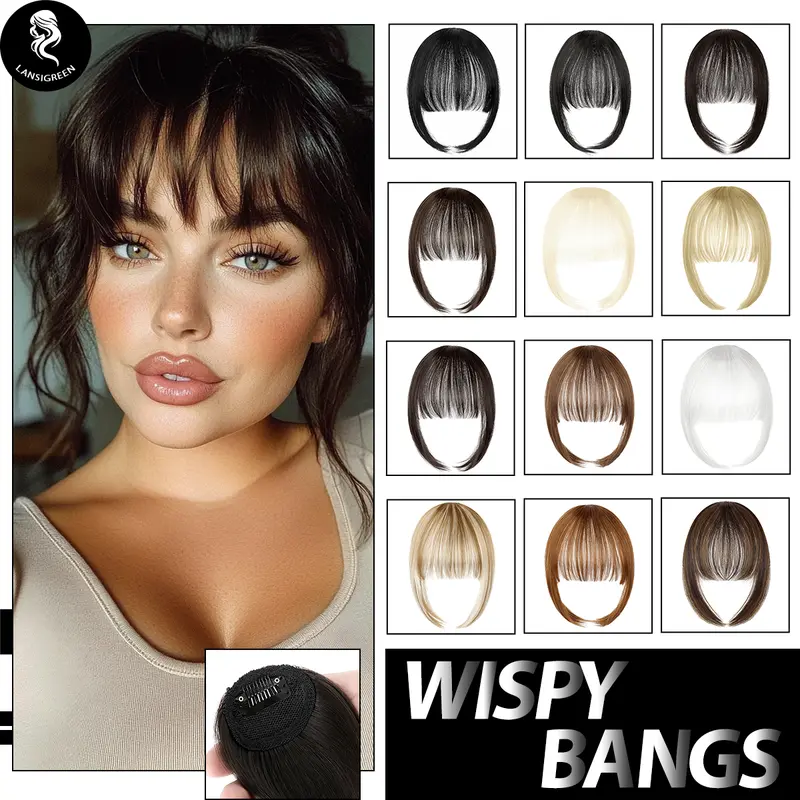 Lansigreen Women's Curly Synthetic Clip-in Bangs - 20g Light Auburn Messy Curly Wispy Fringe with Temple Coverage, Dyeable for Daily, Party Use, Natural Look (Suitable for Dates)