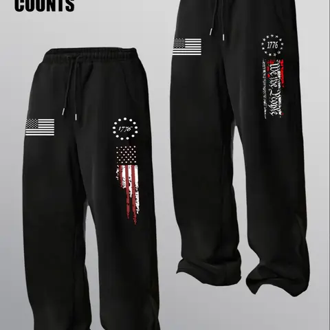 Men's Spring Autumn Classic Flag Print Pants Set, Drawstring Straight Leg Long Trousers, Outdoor Sports Wear for Men, Athletic Track Pants, Athleisure Style Pants, Chill Casual Pants, Casual Comfy Sporty