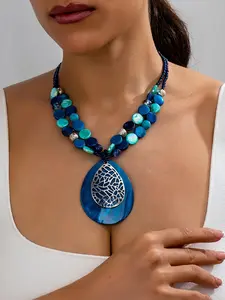 Women's Fashion Pendant Necklace, Blue Waterdrop Shell Geometric Round Beads, Bohemian Style, Daily Wear, Perfect Gift