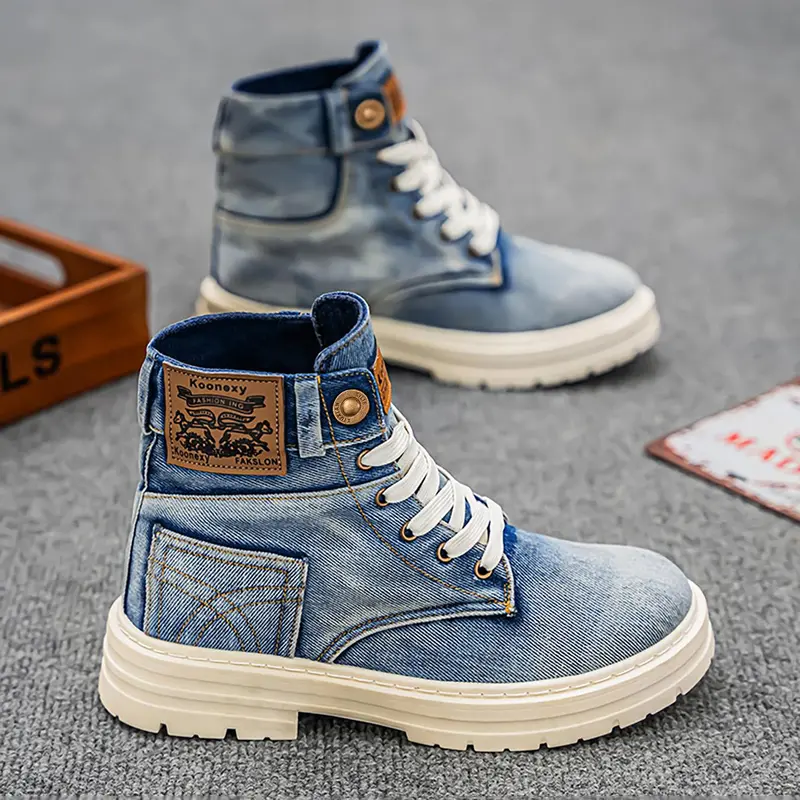 Men's Fashionable Denim Design Lace Up Boots, Casual Comfortable Ankle Boots for Daily Wear, Male All-match Round Toe Shoes for Daily Wear, Blue Boots, Footwear Boot