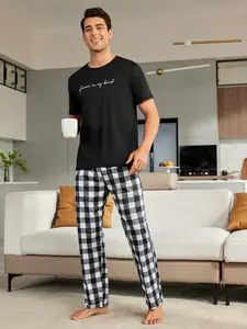 Men's Plaid Pajama Set, Summer Short Sleeve T-Shirt + Long Pants, Casual Home Wear Loungewear Two-Piece Set, Comfortable Sleepwear for Men