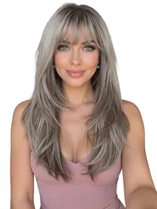 22 Inch Elegant Long Straight Wig with Bangs, Lightweight Breathable Multi-Layered Hair, Natural Look for Work Life Parties Cosplay, Synthetic Wigs